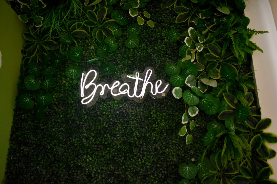 Letrero de neón de Breathe sobre el muro verde